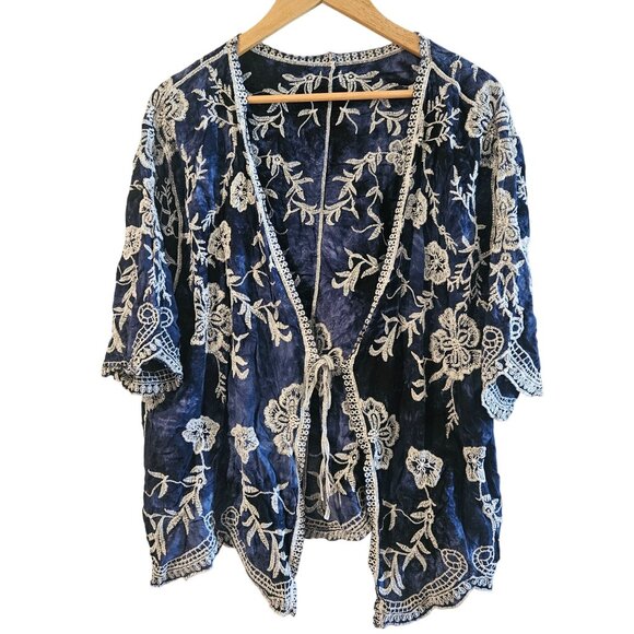 Blue & White Embroidered Tie-Front Kimono Cardigan  One Size  100% Viscose - Picture 3 of 13
